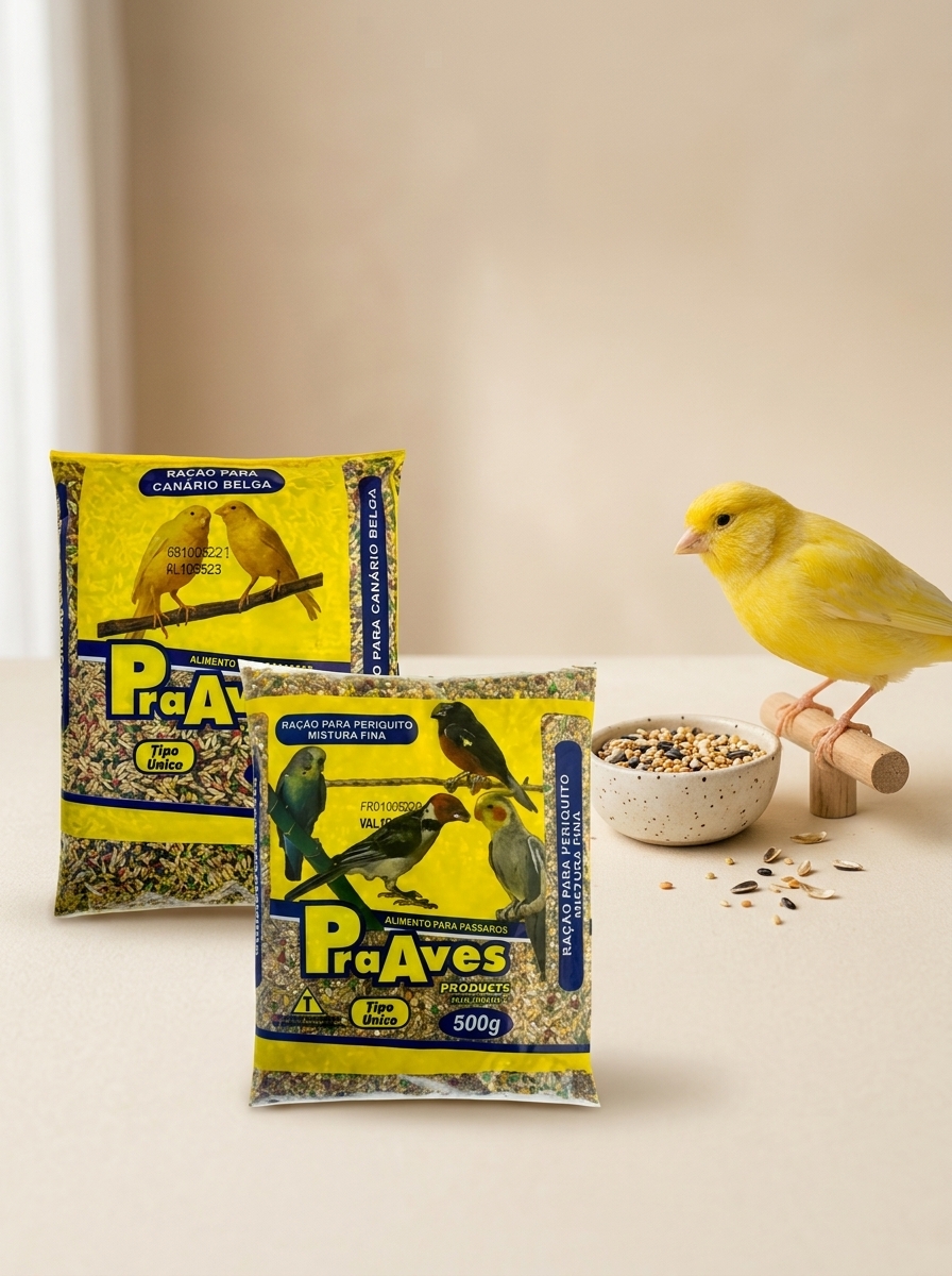 Rações Pra Aves para canário belga e periquito, com um canário amarelo ao lado de um pote de sementes