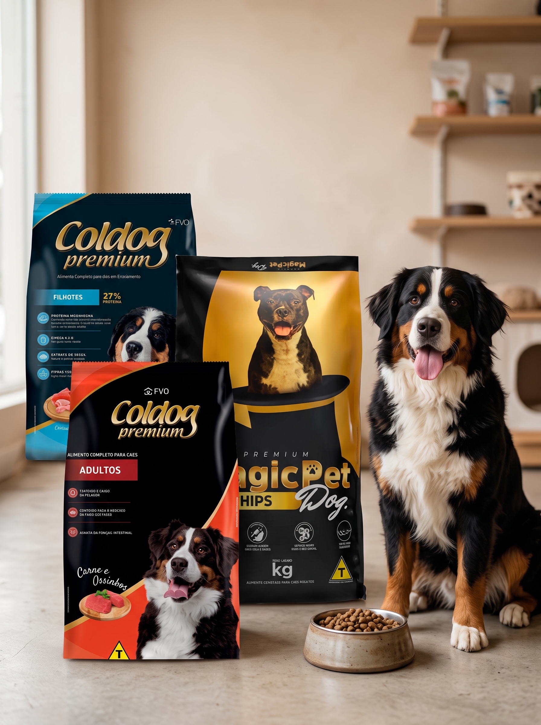 Rações Coldog Premium e MagicPet para cães, com um cão bernês sentado ao lado de um pote de ração
