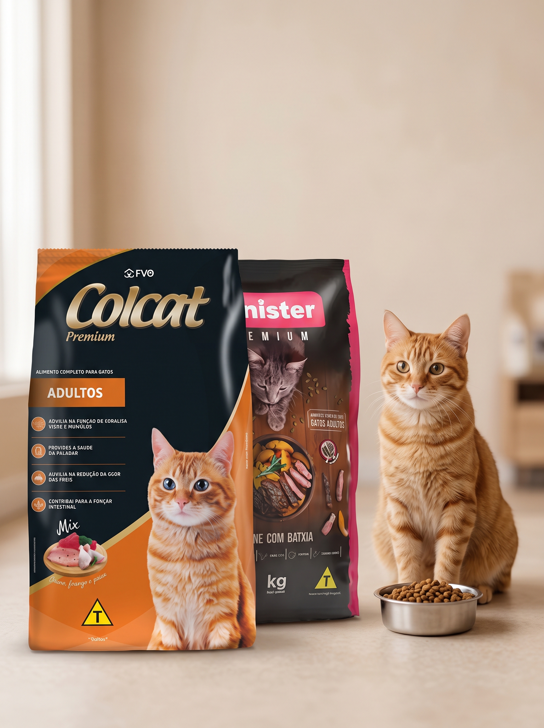 Rações Colcat Premium e Minister para gatos, com um gato laranja sentado ao lado de um pote de ração
