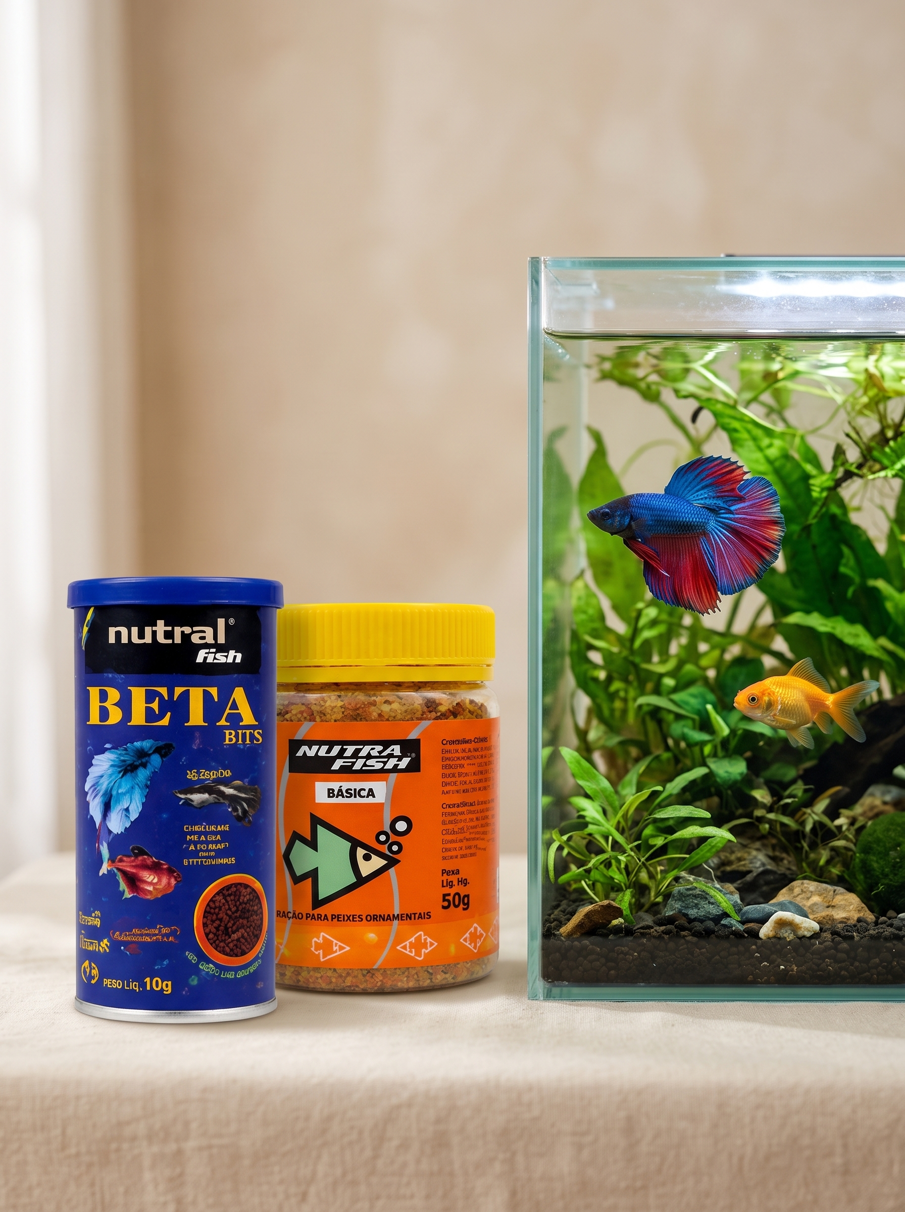 Rações Nutral Fish para peixes ornamentais ao lado de um aquário com beta e peixe dourado